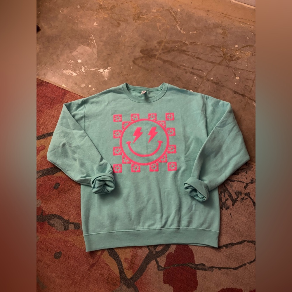 Jerzees Teal Crewneck with Pink Smiley Design